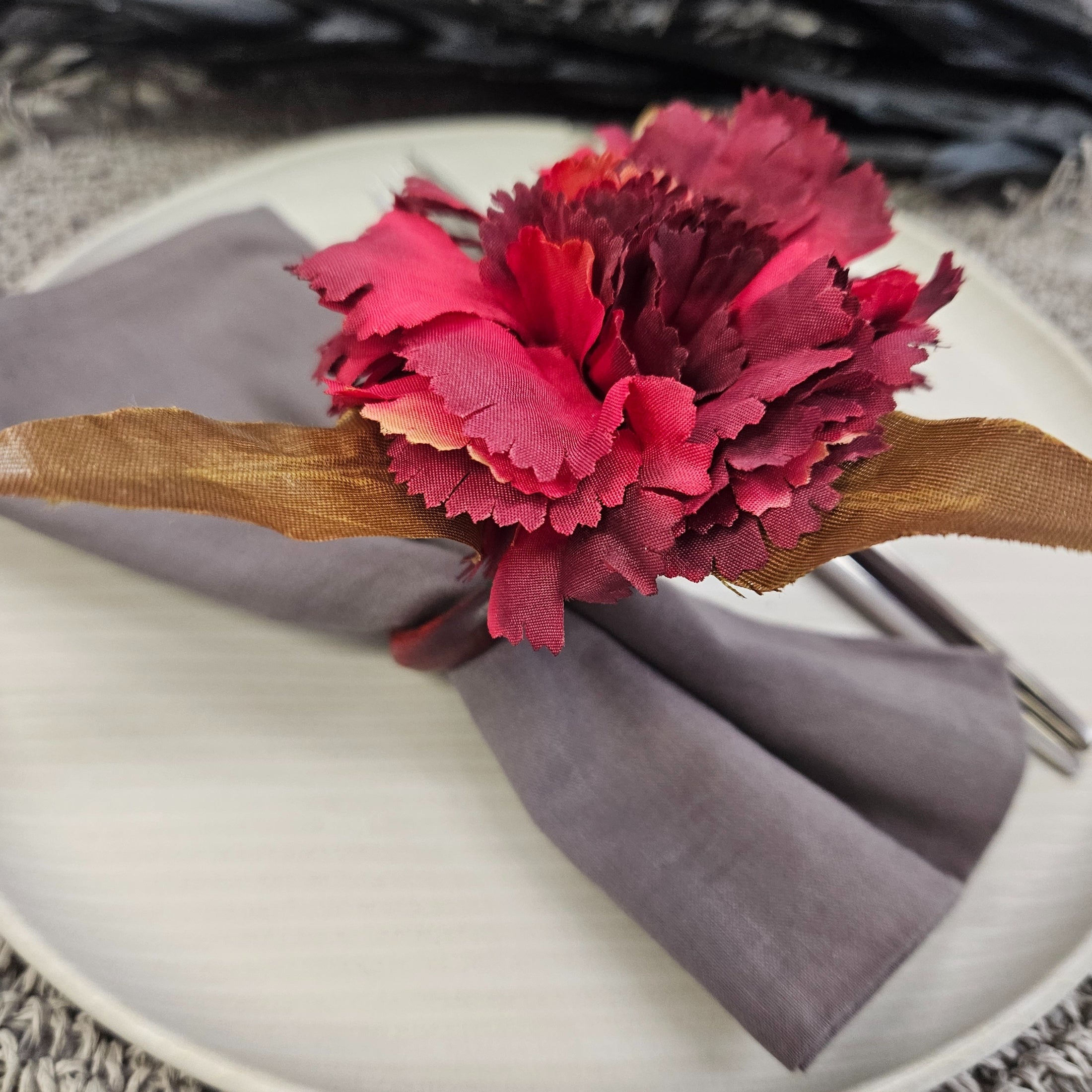 Maison Charlô | Set of 4 Red Marsala Carnation Flower Napkin Rings for events, wedding, party, birthday-2