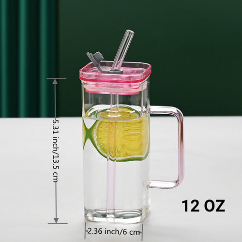 1 Pcs Transparent Glass Straw Cup, 6 Colors Square Glass Cup With Straw And Lid, High Borosilicate Glass Cup, Milk Cup, Juice Cup, Cold Drink Cup, Coffee Cup, Tea Cup, Office Cup, Gift Cup