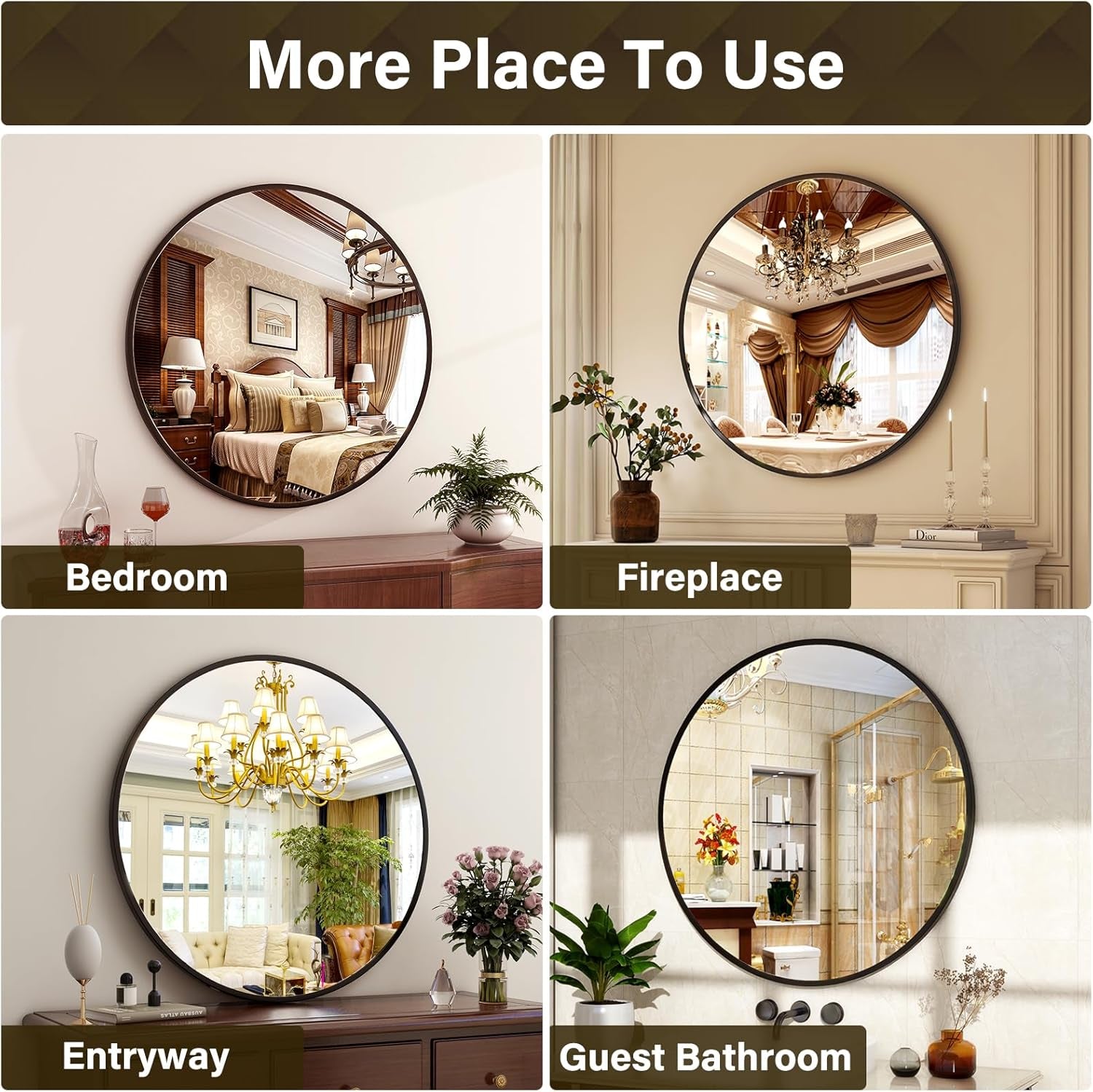 24 Inch Matte Black Round Wall Mirror For Bathroom Vanity And Living Room Decor