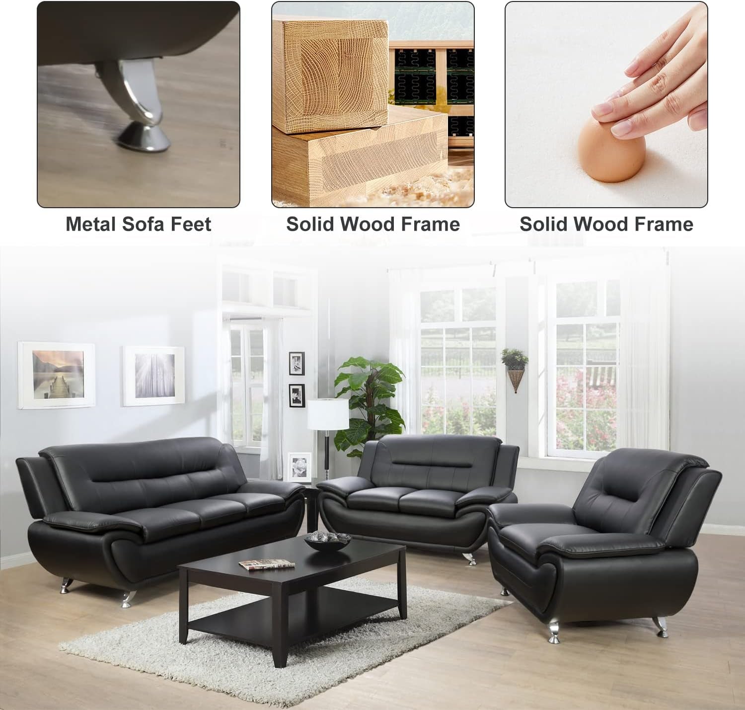 Leather Sofa and Loveseat Set for Living Room Black Leather Furniture