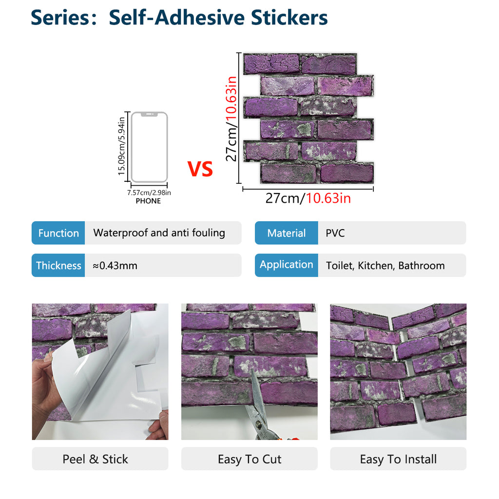 Peel And Stick Tile Wall Decoration PVC Purple Brick Wall Tile Splash-proof Self-adhesive Wall Stickers - Durable, Waterproof, Suitable For Kitchen, Toilet, Bathroom Wall Decoration Materials