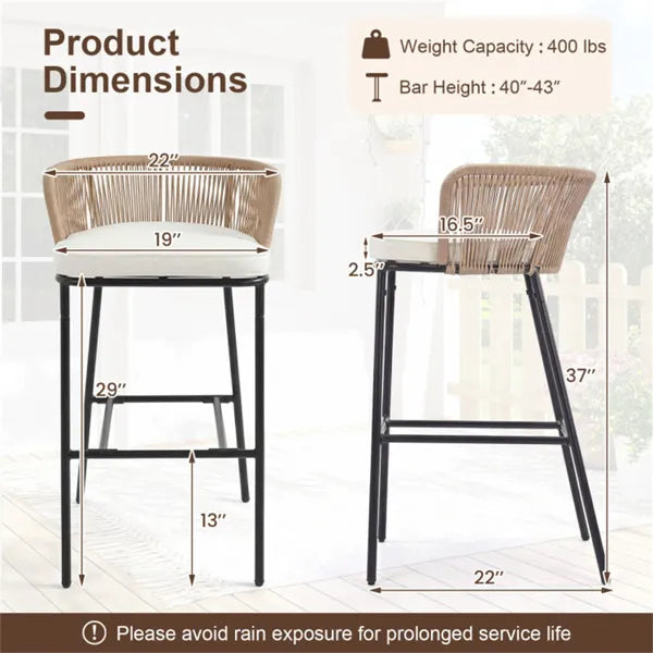 2-Pack Outdoor Bar Stools With Removable Cushions, 400 LBS Weight Capacity Woven Rope Patio Chairs