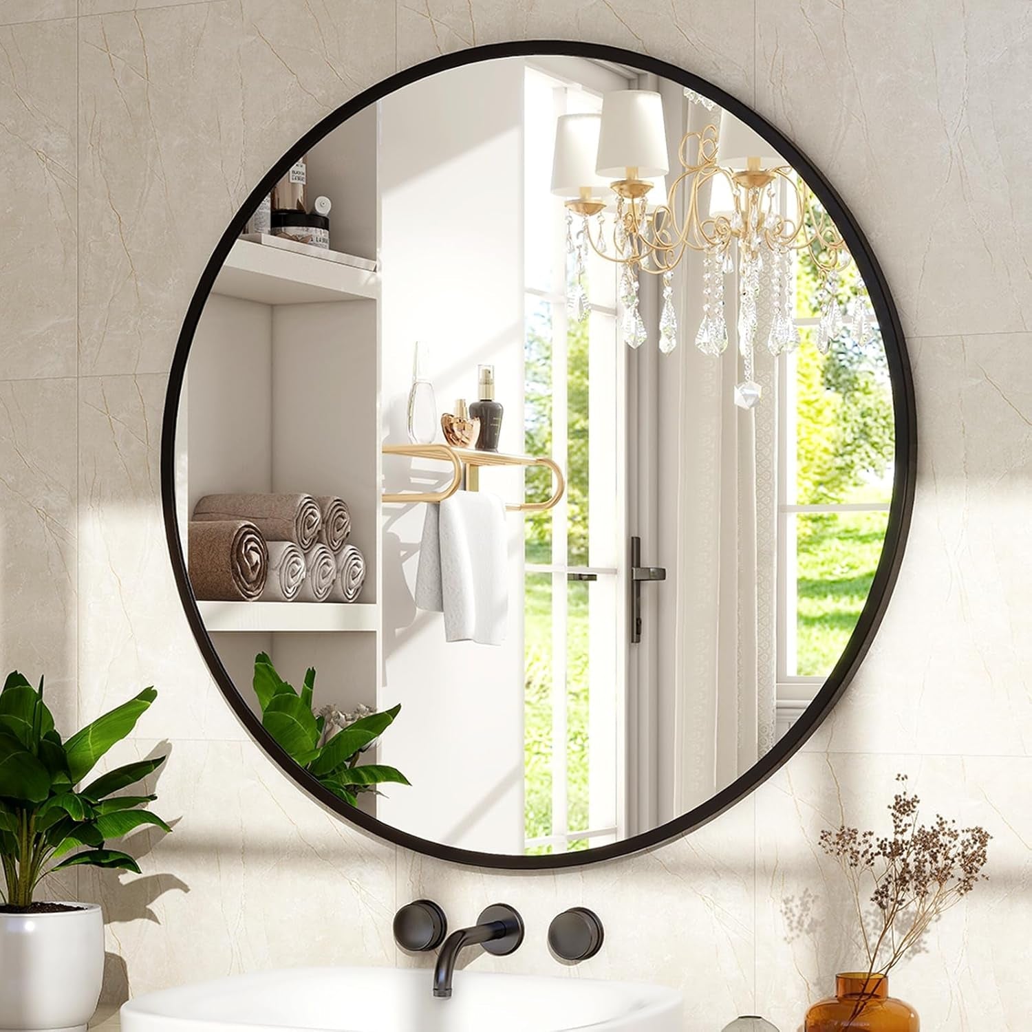24 Inch Matte Black Round Wall Mirror For Bathroom Vanity And Living Room Decor