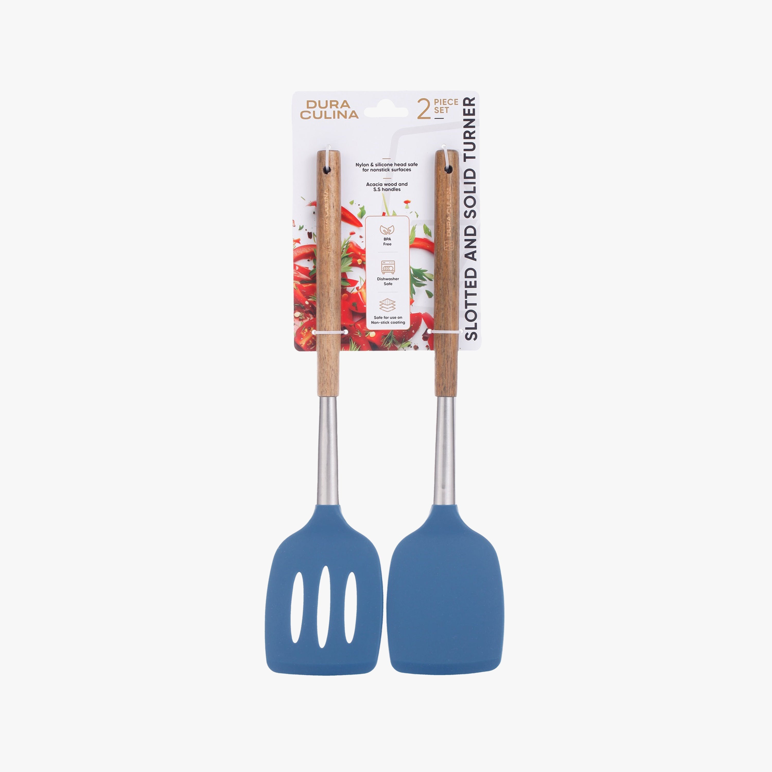 2-Piece Solid & Slotted Turner Set - Acacia Wood & Stainless Steel Handles, Silicone Heads, Non-Stick Safe, Navy-0