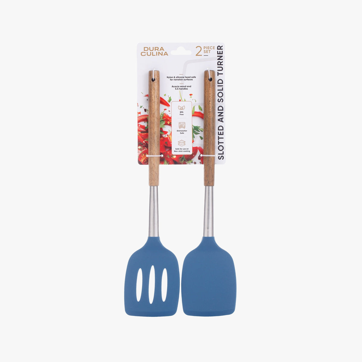2-Piece Solid & Slotted Turner Set - Acacia Wood & Stainless Steel Handles, Silicone Heads, Non-Stick Safe, Navy