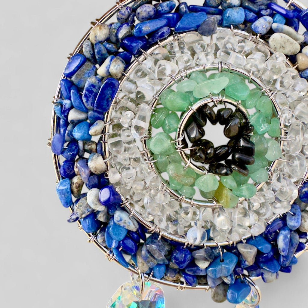 Handmade Evil Eye Nazar Boncuk Pendant with Hanging Prism Crystals for Rearview Mirror Hanging or Wall Hanging Lapis Lazuli, Crystal, Apatite-1
