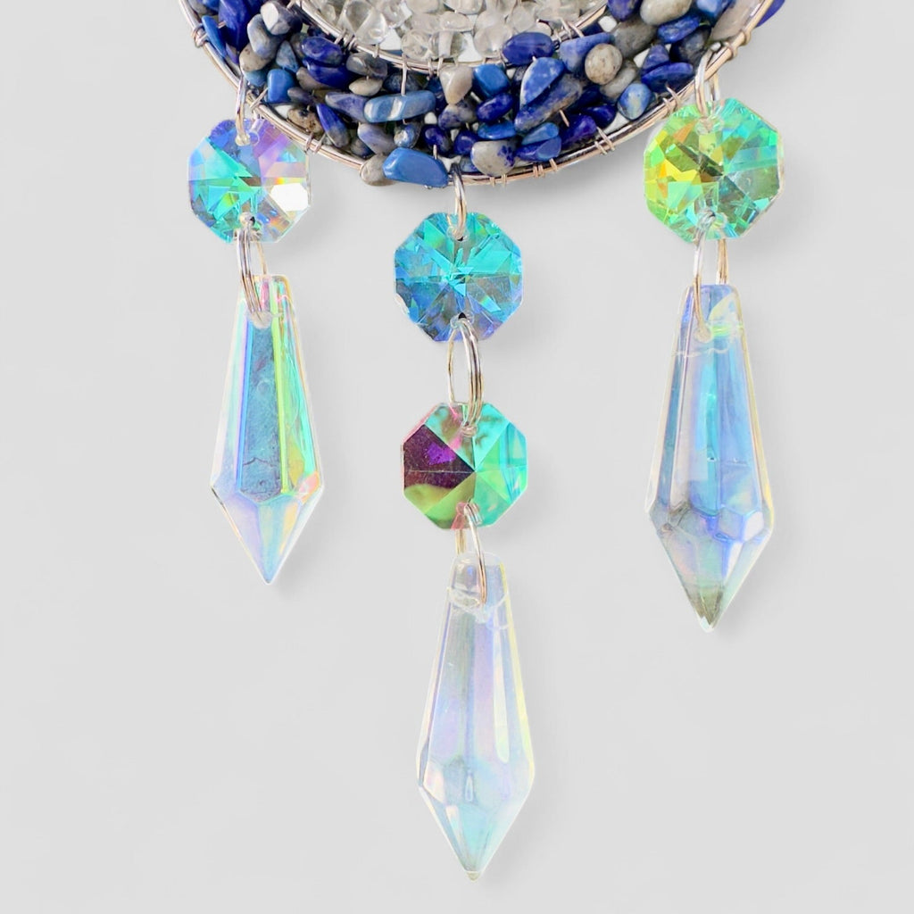 Handmade Evil Eye Nazar Boncuk Pendant with Hanging Prism Crystals for Rearview Mirror Hanging or Wall Hanging Lapis Lazuli, Crystal, Apatite-2