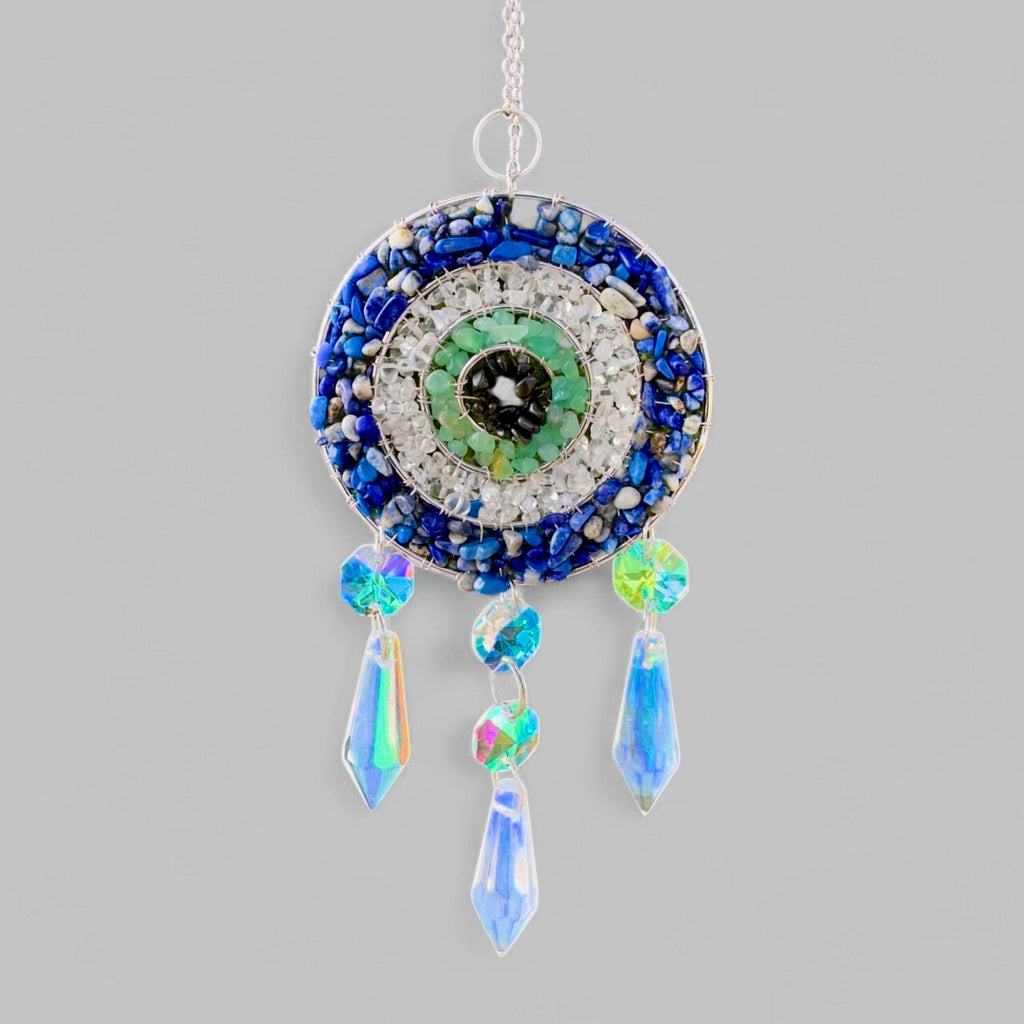 Handmade Evil Eye Nazar Boncuk Pendant with Hanging Prism Crystals for Rearview Mirror Hanging or Wall Hanging Lapis Lazuli, Crystal, Apatite-0