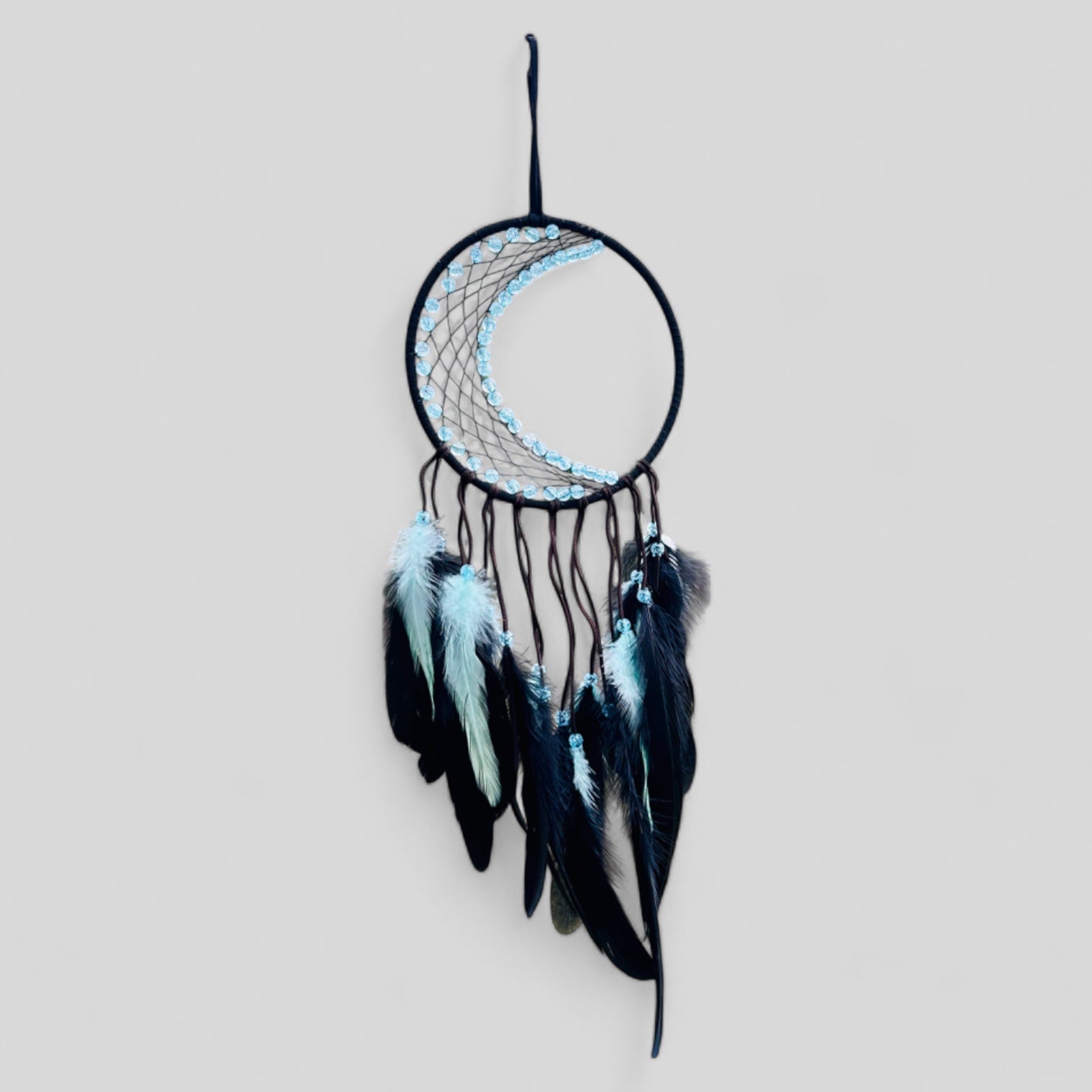 Medium Wall Hanging Crescent Moon Dream Catcher with Black & Light Blue Feathers, Modern Boho Style Home Decor-0