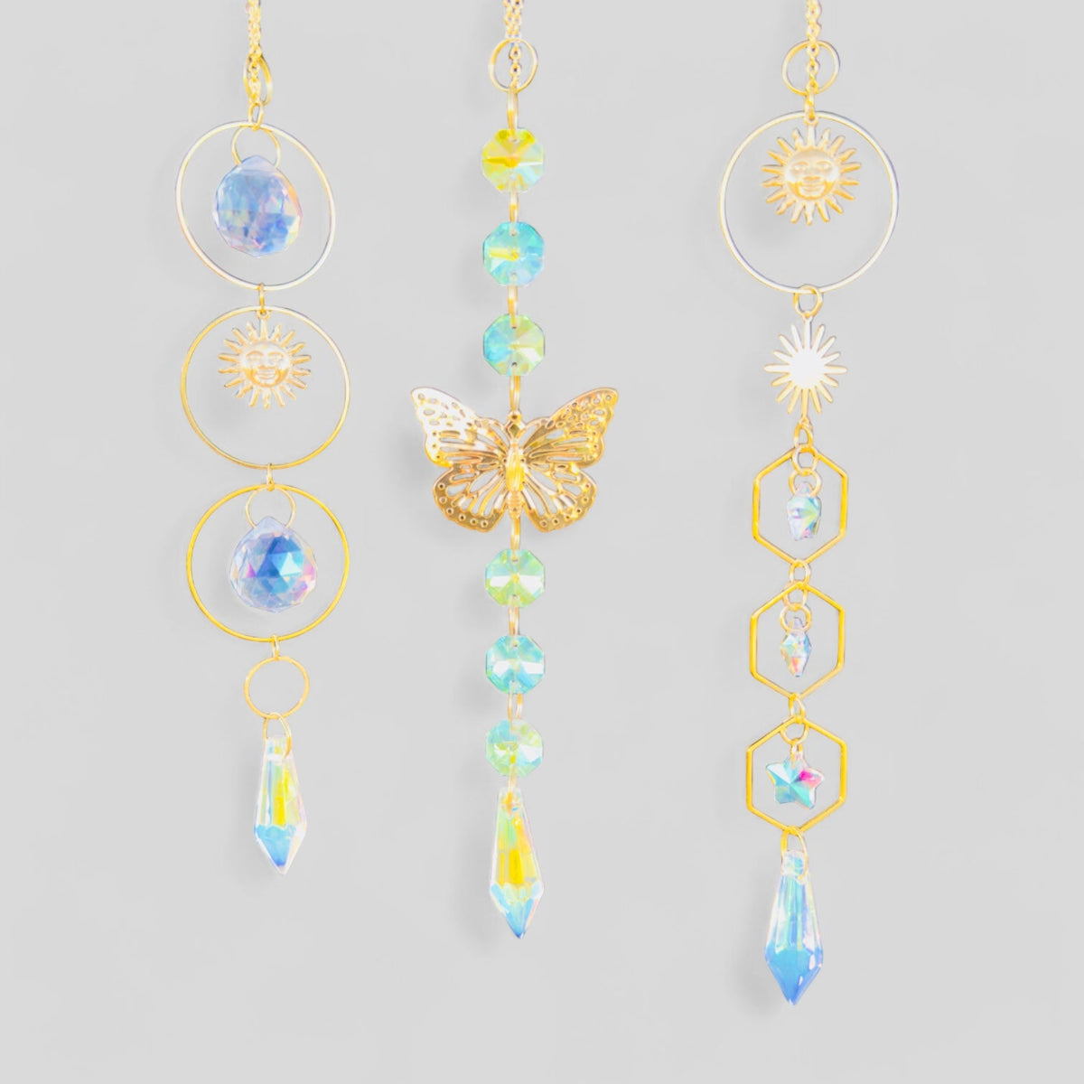 3 Pack Gold Metal Suncatchers with Hanging Charms and Prisms  -- Car Charm, Window Hanging or Wall Hanging