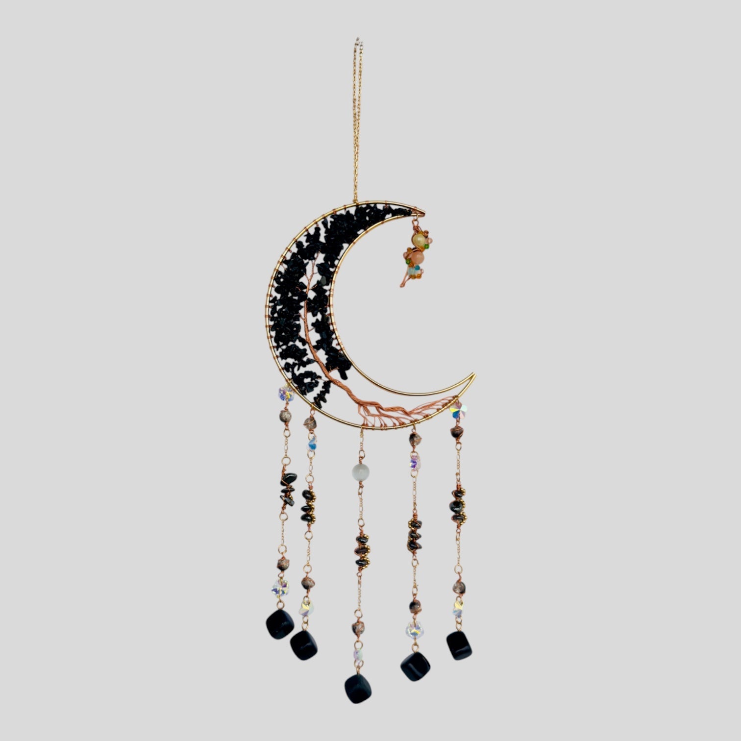 Gold Metal Crescent Moon Dreamcatcher Suncatcher with Black Obsidian Stone Tree of Life & Hanging Jewel Charms-0
