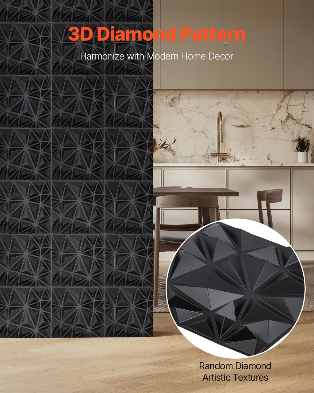 3D Wall Panels, 33-Pack 11.81 X 11.81 In PVC Modern Art Minimalist Diamond Tiles, 32 Sq.Ft Coverage Accent Wall Panel, Interior Home Decor For Ceiling, Bedroom, Living & Gaming Room, Matte Black