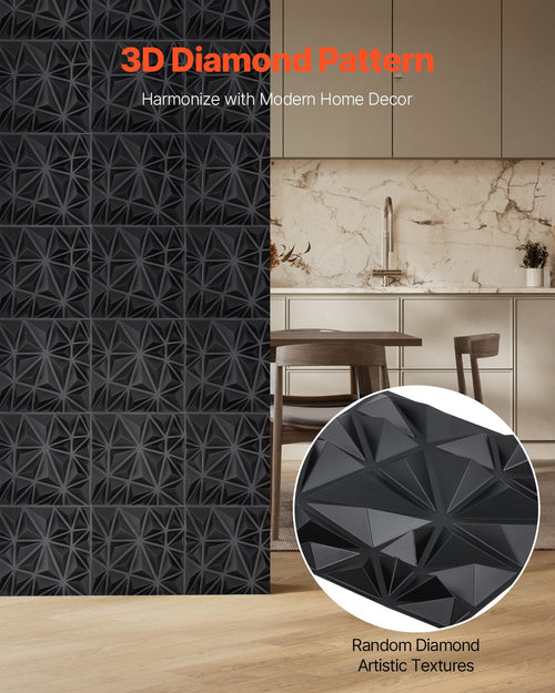 3D Wall Panels, 33-Pack 11.81 X 11.81 In PVC Modern Art Minimalist Diamond Tiles, 32 Sq.Ft Coverage Accent Wall Panel, Interior Home Decor For Ceiling, Bedroom, Living & Gaming Room, Matte Black
