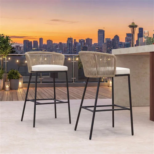 2-Pack Outdoor Bar Stools With Removable Cushions, 400 LBS Weight Capacity Woven Rope Patio Chairs