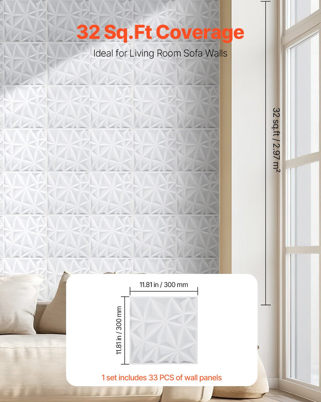 3D Wall Panels, 33-Pack 11.81 X 11.81 In PVC Modern Art Minimalist Diamond Tiles, 32 Sq.Ft Coverage Accent Wall Panel, Interior Home Decor For Ceiling, Bedroom, Living & Gaming Room, Matte White