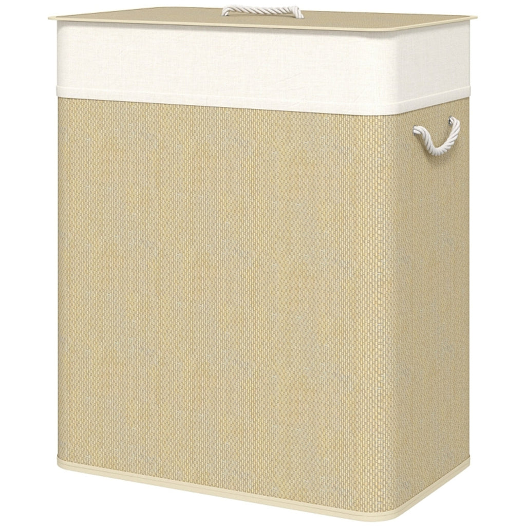 Double Laundry Basket With Lid, 26.4 Gallon Bamboo Laundry Hamper With Rope Handles And Removable Liner, Natural